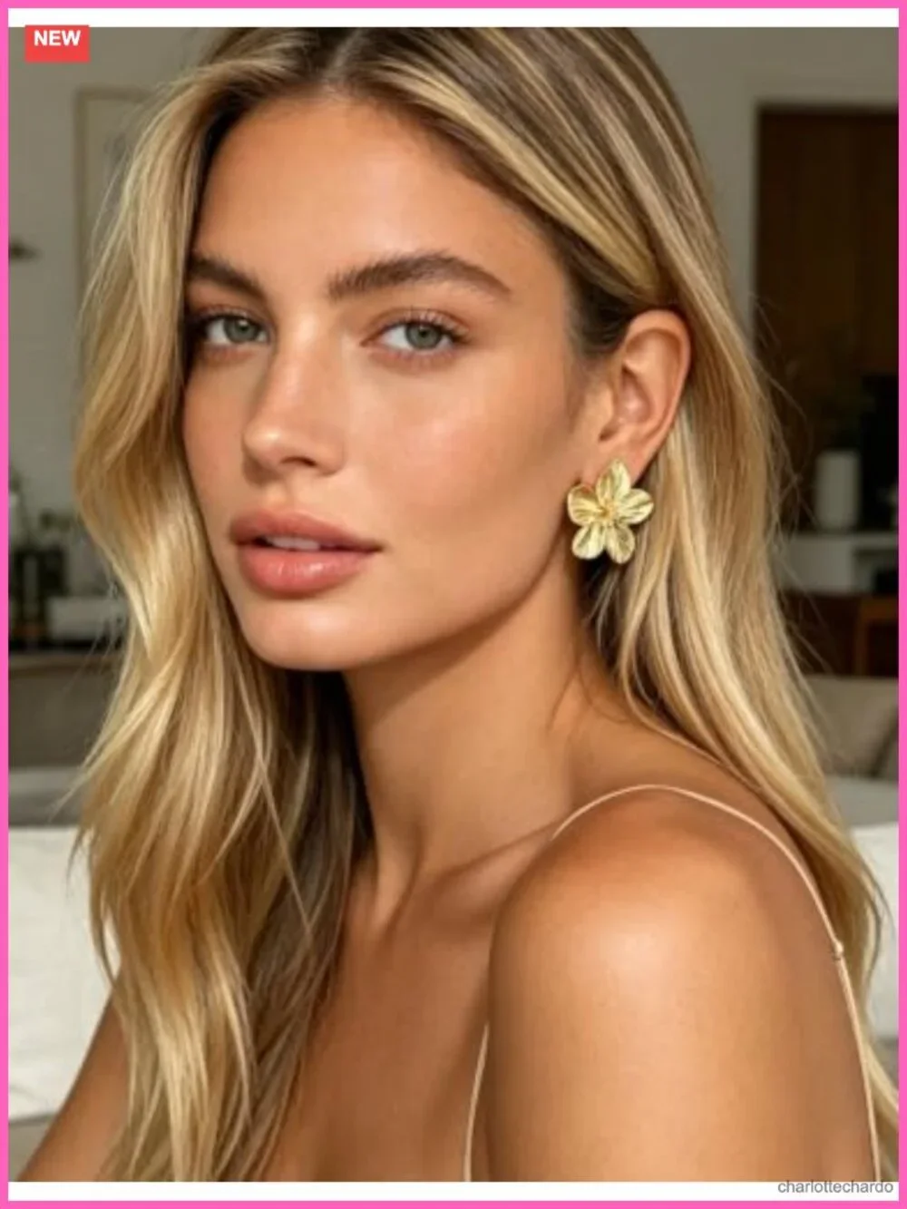 Gold Plated Statement Flower Drop Earrings for Women, Bohemian Floral 3D Design